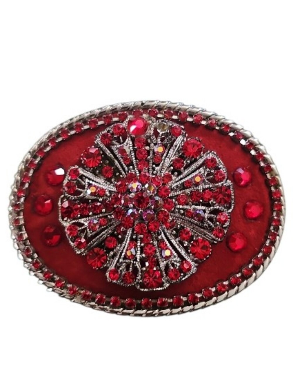 Vintage Red Rhinestone Western Belt Buckle Silver Tone Velvet Rodeo Glam USA